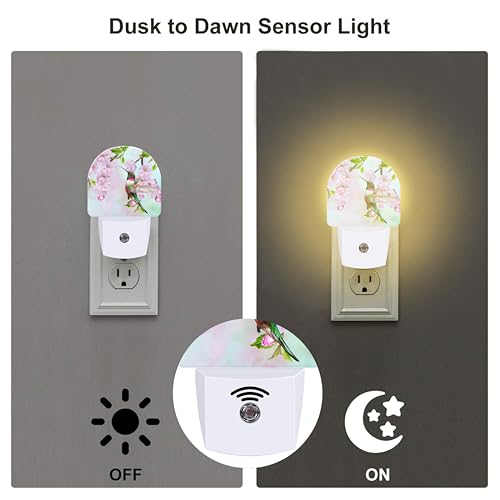 Image of Hummingbird and Cherry Blossoms Night Light for Kids,Birds and Pink Flowers Plug in Night Light with Dusk to Dawn Sensor, 0.5w Energy Saving Nightlight for Hallway Stairway Kitchen Bedroom