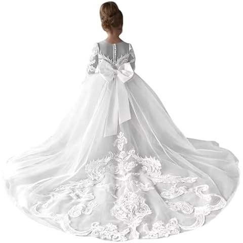 CAZSXIS Princess White Long Sleeve Flower Girls Pageant Dresses Kids Prom Puffy Tulle Ball Gown Size3 Cover