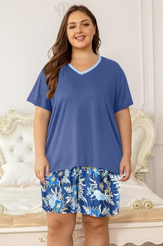 Image of Vozanet Women's Short Sleeve Top and Shorts Pajama Sets Plus Size V Neck Colorful Flower Nighty Loungewear With TWO Pockets
