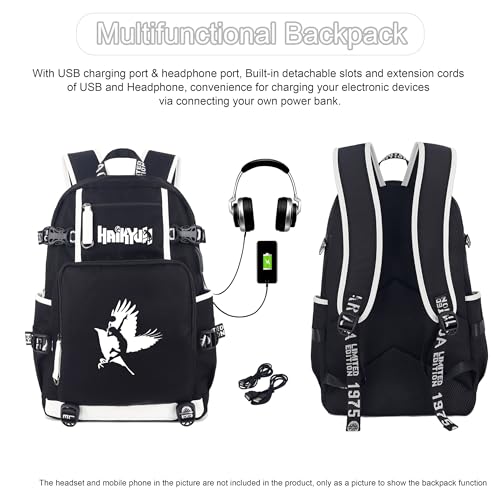 Anime Luminous Backpack 20L Nylon Large Capacity Travel Backpack Black Laptop Backpack Rucksack with USB Charging Port & Headphone Port4