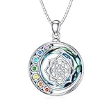 PELOVNY Collar de cristal de chakra para mujer, plata de ley 925, triple luna, diosa Hamsa, mano de loto, árbol de la vida, collar con colgante de flor de la vida, joyería espiritual de 7 chakras