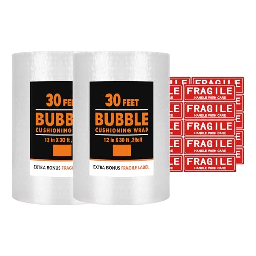 2-Pack Small Bubble Cushioning Wrap for Moving & Shipping, 30Ft Bubble Cushioning Rolls, Air Bubble,Small 2/5 Inches, 12 Inches x 60 Feet Long Total (30 Ft, 2 Pack, Clear)