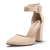 Picture of IDIFU Women's IN4 Pedazo High Block Heels Pumps Pointed Closed Toe Ankle Strap Dress Wedding Shoes (10, Nude Suede)