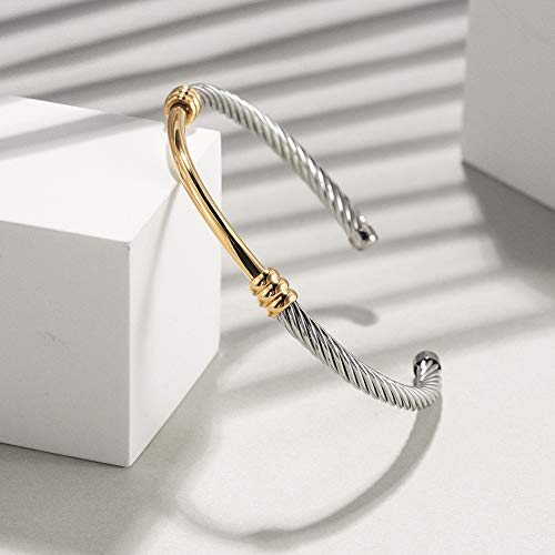 CIUNOFOR Cable Cuff Bracelets for Women, 7.5" Inner Circ.Twisted Cable Cuff Bangle Bracelet, Stainless Steel Gold Plated Jewelry2