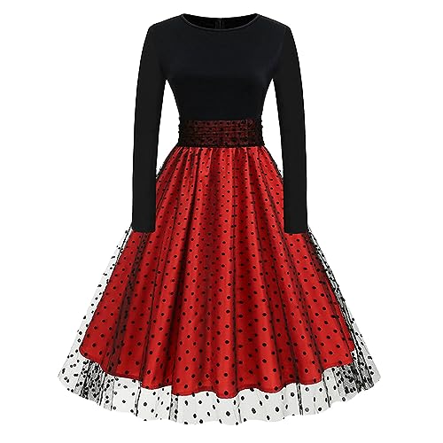 Rockabilly Kleider Damen 50er Jahre Langarm Mesh Polka Dot Tüllkleid Sommer Swing Coctailkleid
