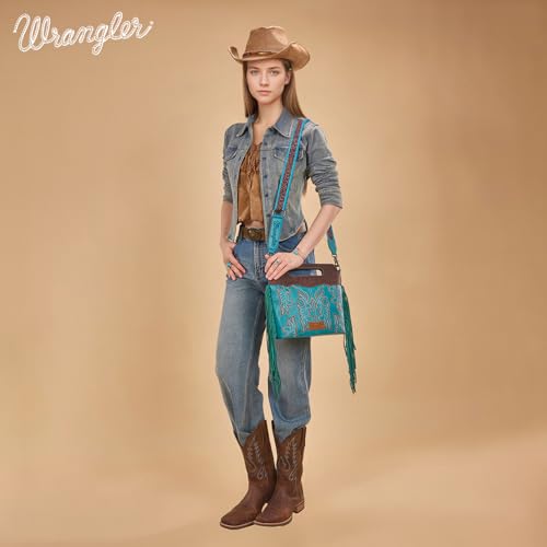 Image of Wrangler Western Handbag for Women Crossbody Bag Top Handle Shoulder Bag Embossed Cowgirl Fringe Purse