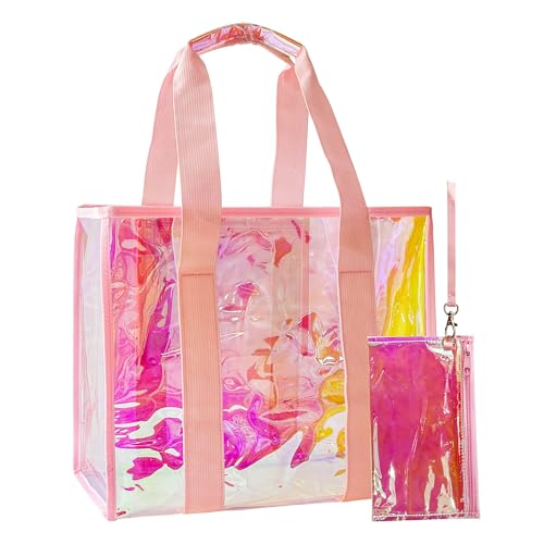 TotePrint Bolsa de mão colorida holográfica impermeável de PVC com pequena bolsa de celular para praia, viagens e compras (0,4 mm), rosa, Large