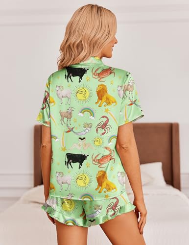 Image of Ekouaer Womens Satin Pajamas Set Button Down 2 Piece Silk Pjs Shorts Set Ruffle Lingerie Notch Collar Sleepwear