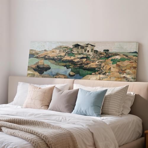 Peinture de village expressionniste panoramique 45x135cm pour salon