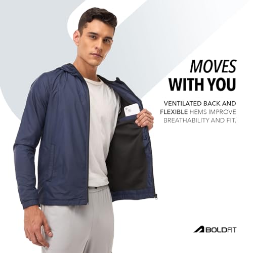 Image of Boldfit Men's Polyester Standard Length Windcheater Jacket, Lightweight & Wind-Resistant with Reflective Bike Jacket, Relaxed Fit-Stylish Windbreaker for Outdoor & Biking