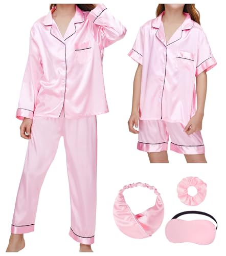 SEALINF 4 Pcs Silk Pajamas for Girls Kids Satin Pajamas Long Short Sleeve Long Pants Shorts Pjs Set with Sleep Mask