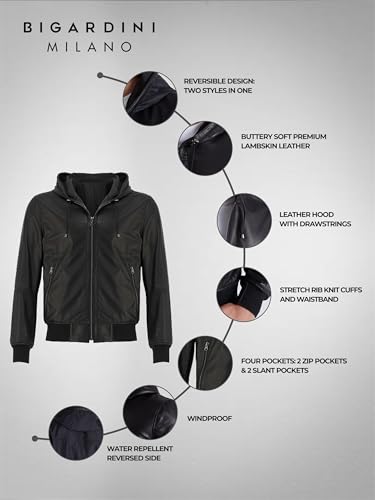 Men's Reversible Leather Bomber Jacket with Hood - Real Genuine Lambskin Leather Jacket for Men2