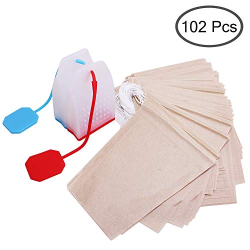 102 Pcs Tea Filter Bags, Finegood 100 Pcs Unbleached Paper Disposable Tea Infuser With Drawstring, 2 Pcs Reusable Safe Loose Leaf Tea Strainer #TOP1