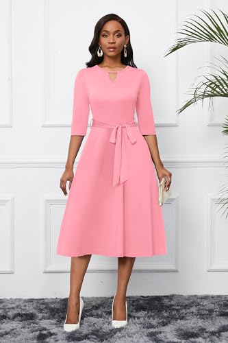 Image of CLOCOR Midi Dresses for Women Casual A-Line Fit and Flare Dress Crewneck 3 /4 Sleeve Keyhole Cocktail Party Church Dress