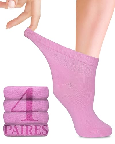 Lot de 4 paires de chaussettes pour diabétiques en bambou avec lycra, longueur cheville, sans coutures à la base des ongles des pieds, grand confort, pour femmes enceintes et personnes âgées, Rose,