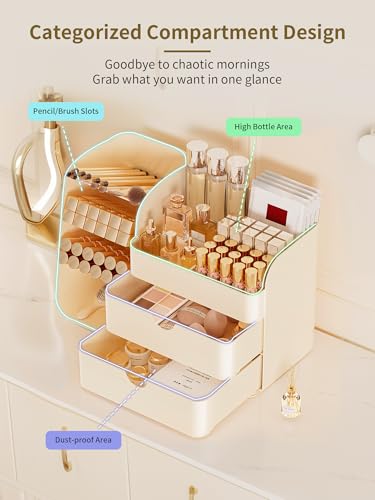 Image of Booklov Makeup Organizer for Vanity, Countertop Cosmetic Display Case with Drawer, Bathroom Counter Beauty Caddy, Comfyroom Table Storage Holder for Skincare, Brush Eyeliner Eyeshadow Lipsticks, Creem