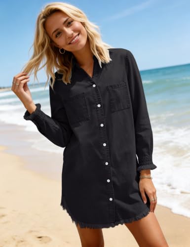 Image of Zilcremo Women Denim Dress Long Sleeve Button Down Jean Shirt