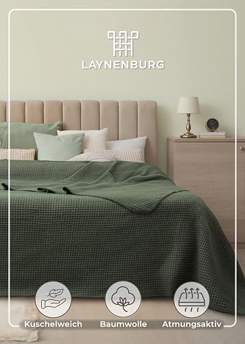 LAYNENBURG Premium Waffelpique Baumwolldecke 220x240 cm - Oeko-TEX 100 - Baumwollmix Kuscheldecke - Decke als Wohndecke, Sofa-Decke & Couchdecke - Wolldecke kuschelig-warm aus Baumwolle (dunkelgrün)