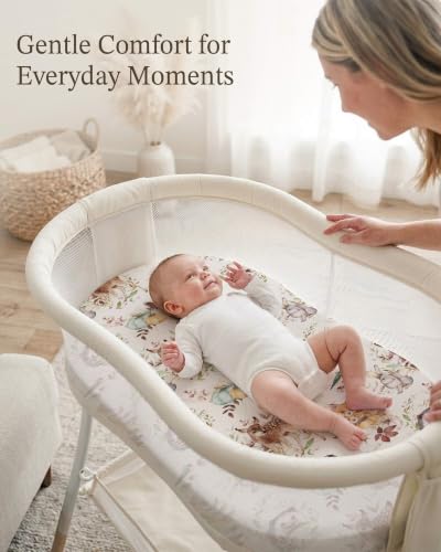 Image of Bassinet Sheets for Baby Girls Boys 2 Pack, Fitted Baby Mattress Sheet for Rectangle, Oval, Hourglass Bassinet Mattress, Breathable Cozy & Universal Fit (Forest Friends, Bassinet Sheet)