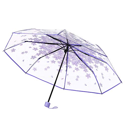 Preisvergleich Produktbild Warmwin Transparenter Regenschirm wetterfest Sakura Kirschblüte 3-Fach PVC Mädchen Regenschirm tragbare niedliche Haushalt Regenbekleidung lila