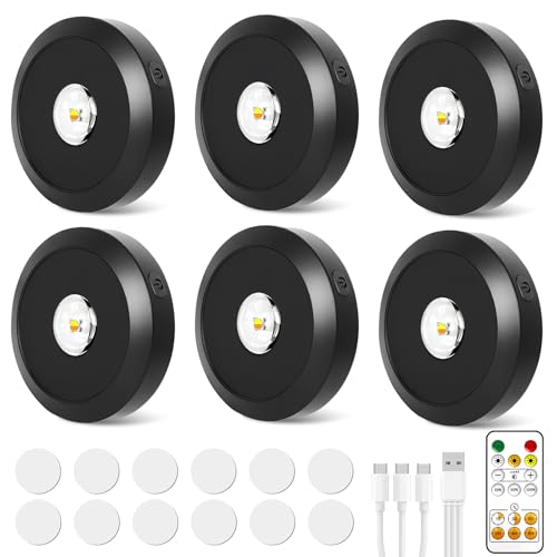 Valyrane Set de 6 Luces LED USB para Vitrinas, Dimmables con 30 Colores, Focos Inalámbricos para Cocina y Armarios, Batería de 1500mAh, Control Remoto, Iluminación Táctil y Función de Temporización