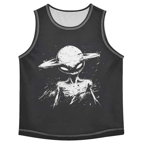Boys Tank Top Shirts Alien UFO Black and White Sleeveless T-Shirts Crew Neck for Kids Clothing Children