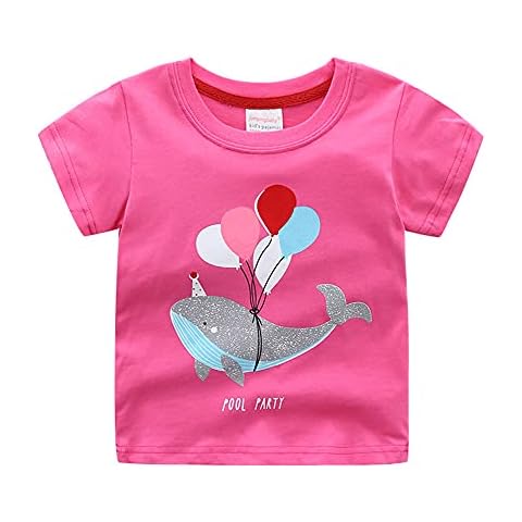 LXKA Girls Short Shirts Sleeve T Top Kids Summer Red Clothes Toddler Girl 100% Cotton Animal Shark Tee Shirt 5-6 Years Cover