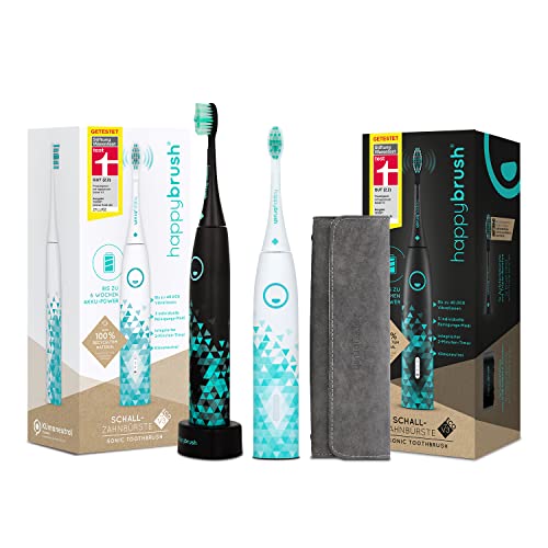 happybrush® Elektrische Schall-Zahnbürste Eco VIBE 3 im Doppelpack - Nachhaltige Zahnbürste mit 6 Wochen Power-Akku inkl. Reiseetui - Schwarz/Mint und Weiß/Mint Cover