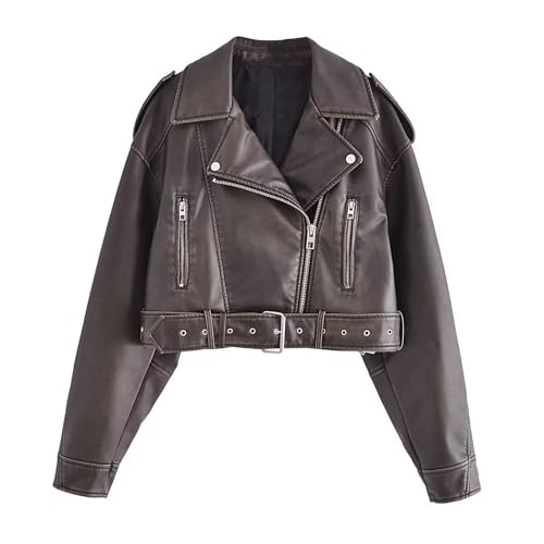 Valtorixia Women's Cropped Faux Leather Jacket Bomber Casual Zip Up Coat PU Moto Bike Outwear with Belt