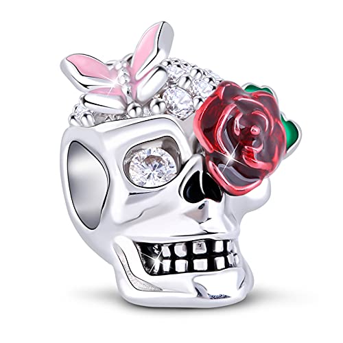 Gnoce Sugar Skull Charm For Bracelets S925 Silver Charm For Women Fit Us European Bracelets Necklaces (Rose Skull) #TOP7