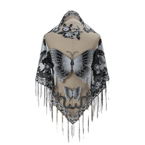Women’s Elegant Butterfly Print Shawls and Wraps for Evening Dresses Triangle Shawl Wraps Fringed Evening Cape