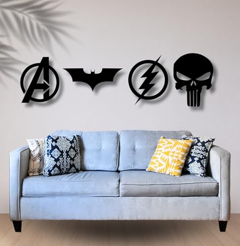 Image of TWIGGY Superhero 6mm MDF Wooden Wall Decor Set for Home, Office, or Gaming Room, Gift, Anime (pack of 4 | The Dark Knight,Punisher,Avengers,Flash)