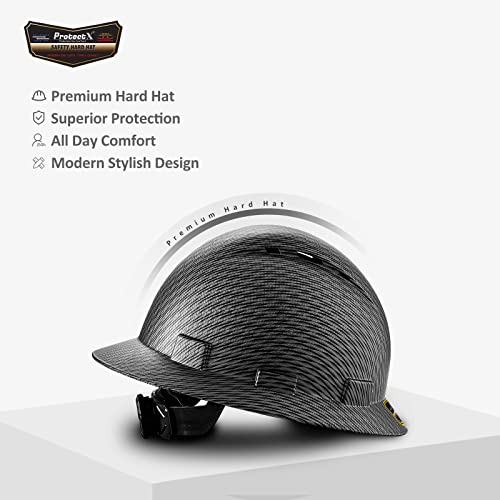 Protectx Premium Full Brim Hard Hat, Cascos De Construccion For Safety, Vented, 6-Point Adjustable Ratchet Suspension, Grey Long Carbon Fiber, Osha/Ansi Compliant #TOP3
