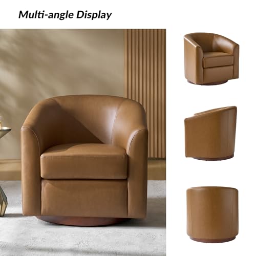 Image of HULALA HOME Faux Leather Swivel Accent Chairs Set of 2 with Solid Wood Base, Round Swivel Barrel Chairs for Living Room and Bedroom, No Assembly Required, Camel