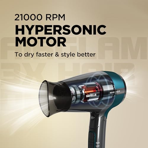 Havells Styling Hair Dryer | Hypersonic Motor | 3 Detachable Attachment| Diffuser, Quill-Style Comb, Aerofocus Nozzle|3 Temperature/2 Speed Settings| Cool Shot| 1200 W |2 years guarantee|HD4161 view 2