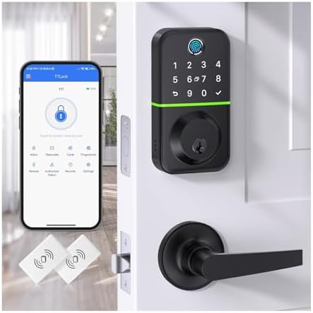 Keypad Handle Set Smart Lock - Fingerprint Deadbolt with 2 Levers - APP Controlled Keyless Entry - Waterproof & Electronics