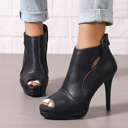 Image of Open Toe Booties for Women Black High Stiletto Heels Open Toe Sexy Ankle Boot Fashion Heeled Sandals with Back Zipper, US Size 5-11