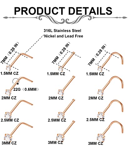 24PCS 22G 316L Stainless Steel Nose Rings Hoop for Women Men Nose Studs CZ Cartilage Helix Tragus Piercing Jewelry2