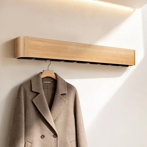 33″ Bamboo Coat Rack Wall Mount, 8 Hidden Hooks, Family, Natural | Solid Bamboo Shelf, 8 Heavy Duty Steel Hooks 44 lbs Each, Entryway Mudroom Hallway Bedroom, Paper Template Easy Install