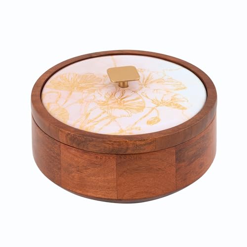Image of Brick Brown Noor Wooden Roti Box with Lid | Solid Wood Chapati Box for Kitchen & Dining | Designer Roti Casserole /Roti Hot Pot Case | Handmade Roti Dabba Serveware | Roti Container (8x8x4.2 Inch)