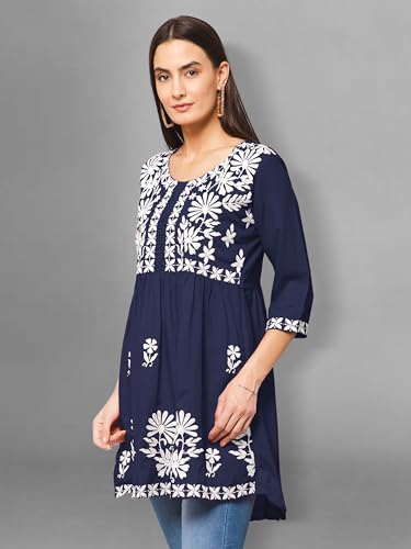 Image of Winza Designer Rayon Chikankari Embroidered Short Kurti | Plus Size Kurta Tunic Top