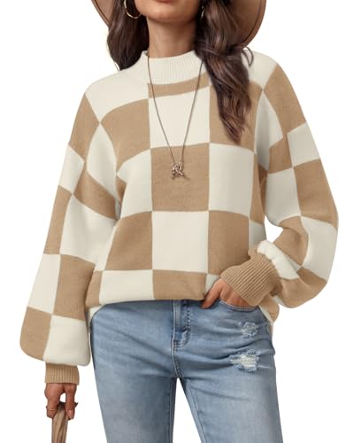 ATHMILE Womens Fall Fashion Mock Neck Sweater Long Sleeve Plaid Ribbed Knit Loose Pullover Tops Trendy Office Outfits