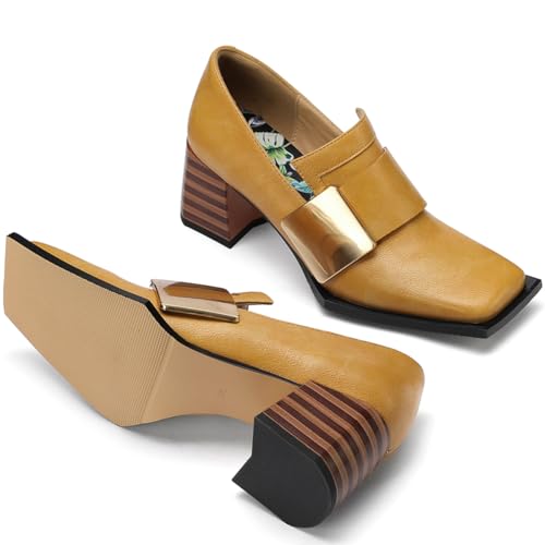 Image of Loafers for Women Patent Leather Buckle Square Toe Chunky Block Dress Slip On Wide Casual Comfortable Dressy High Heels Ladies Comfort Moccasins Elegantes 2 Inch Shoes