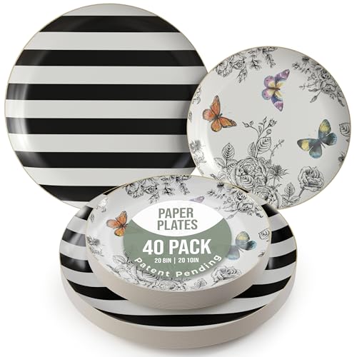 Trendables Floral Paper Plates 8.5 Inch & 10.5 Inch 40 Pcs Dinner Plate Set Fancy Disposable Plates for Party for 20 Guests 20 X 8 & 20 X 10 Large & Small Paper Plate Set for Parties Monarch