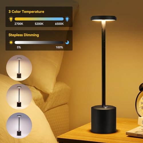 LUNSY Rechargeable LED Wireless Touch Desk Lamps Set of 2, 5000mAh Battery Operated Lamp, 3 Color Modes with Memory Function and Stepless Dimming Desk Lamp for Restaurant/Bedroom/Terrace (Black) by LUNSY - Used condition - Image 2