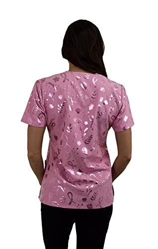Green Town Womens Medical Nursing Foil Printed Scrub Uniform Top Zinnia-Bc Ribbon Floral - Dusty Pink-X-Small #TOP3