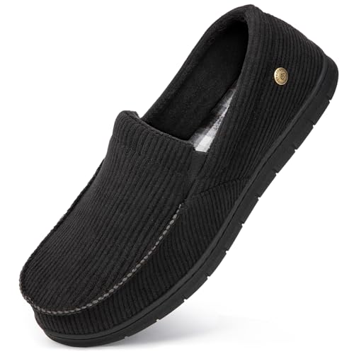 VeraCosy Mens Slippers Soft Moccasin Memory Foam Slip on Indoor Outdoor House Shoe Dull Black,8 UK