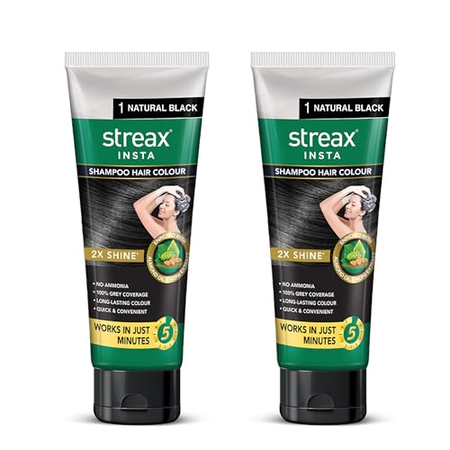 Streax Easy Do-it -Yourself Hair Colour Shampoo, 200 ml I Sqeeze Pack with Natural Extracts I Long Lasting Formula I Colours in Minutes, Natural Black Pack 0f 2