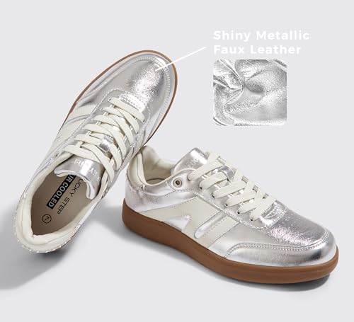 Image of LUCKY STEP Women Retro Gum Sole Fashion Sneakers | Genuine Leather Classic Tennis Skate Walking Shoes Anti Slip Trainers