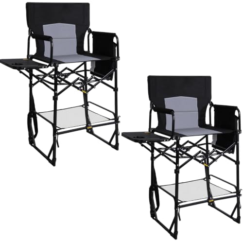 Image of Romswi 2Pcs Extra Tall Portable 30 inch Seat Height Folding Camping Chair Directors Chair High Foldable Bar Stool with Side Table for Makeup Artist, Sports Event, Craft Show, Supports 400LBS,Black